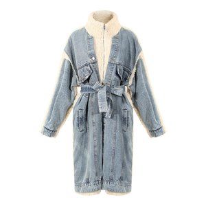 Women's Oversized Denim And  Vegan Lamb Shearing Drawstring  Jacket